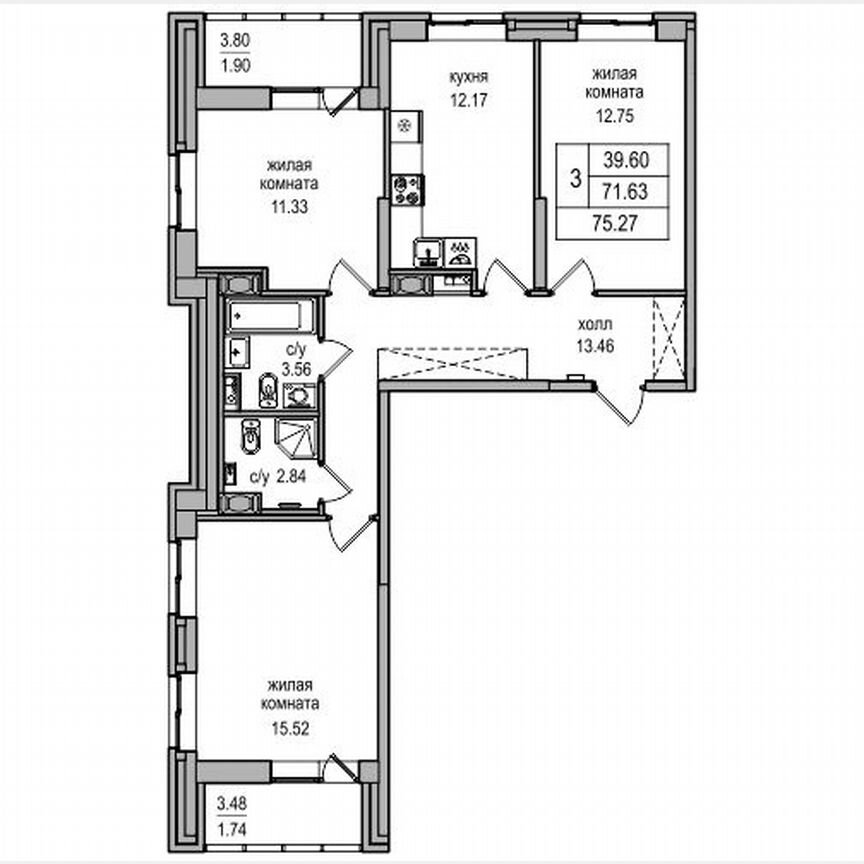 3-к. квартира, 74,2 м², 13/27 эт.
