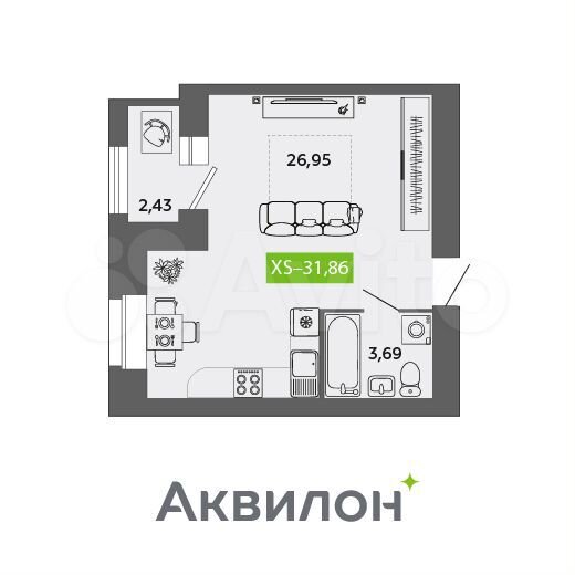 Квартира-студия, 31,9 м², 4/9 эт.