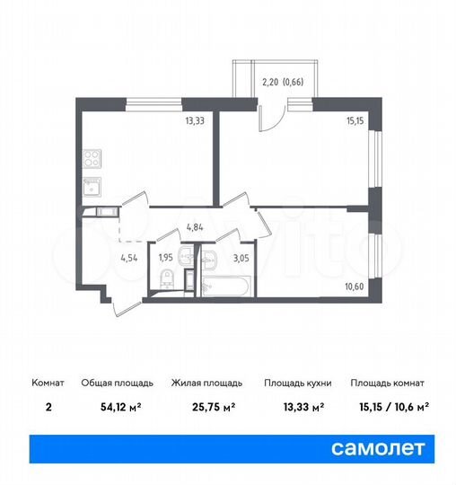 2-к. квартира, 54,1 м², 12/12 эт.