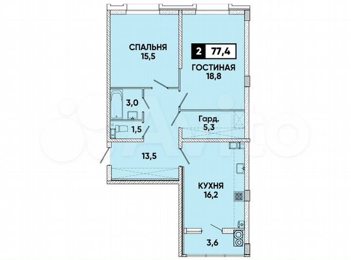 2-к. квартира, 77 м², 5/16 эт.