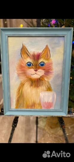 Картина маслом на холсте в раме « Добрый кот »