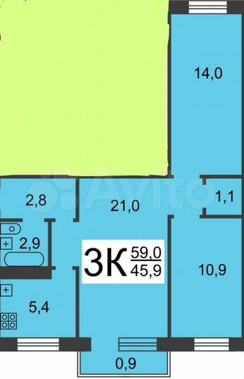 3-к. квартира, 59 м², 5/5 эт.