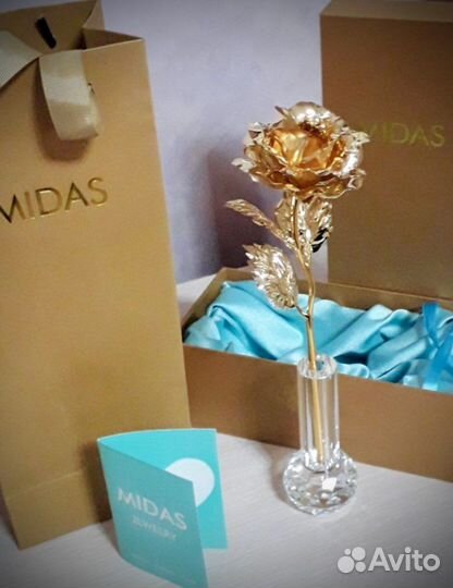 Золотая роза с вазой midas оригинал