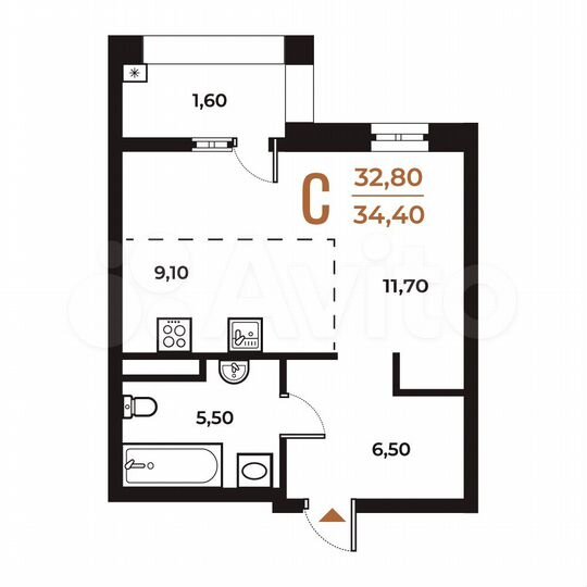 1-к. квартира, 34,4 м², 7/8 эт.