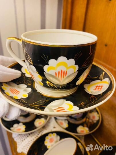Чайная пара СССР Хлопок на черном Вербилки