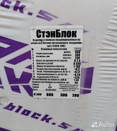 Пеноблок 600 200 300 D500 (плотность)