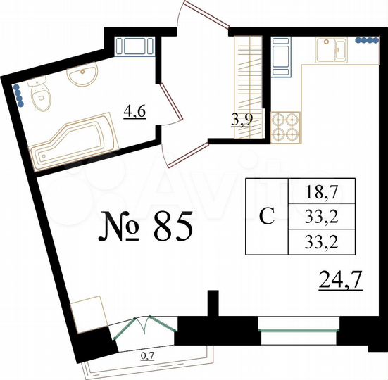 Квартира-студия, 33,2 м², 3/8 эт.