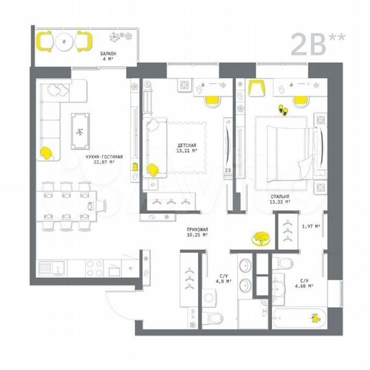 2-к. квартира, 75 м², 15/25 эт.