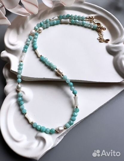 Чокер амазонит и жемчуг натуральный