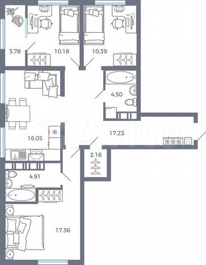 3-к. квартира, 86,6 м², 15/17 эт.