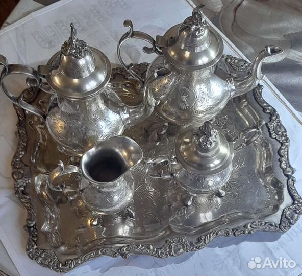 Чайно кофейный сервиз из латунный посеребренный