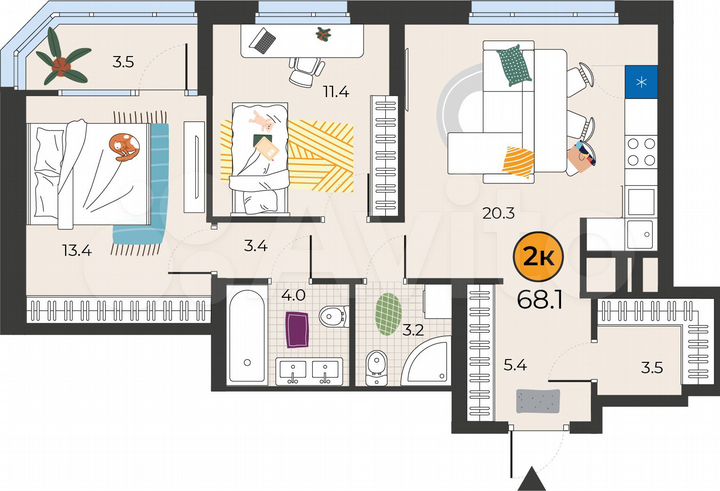 2-к. квартира, 68,1 м², 2/19 эт.