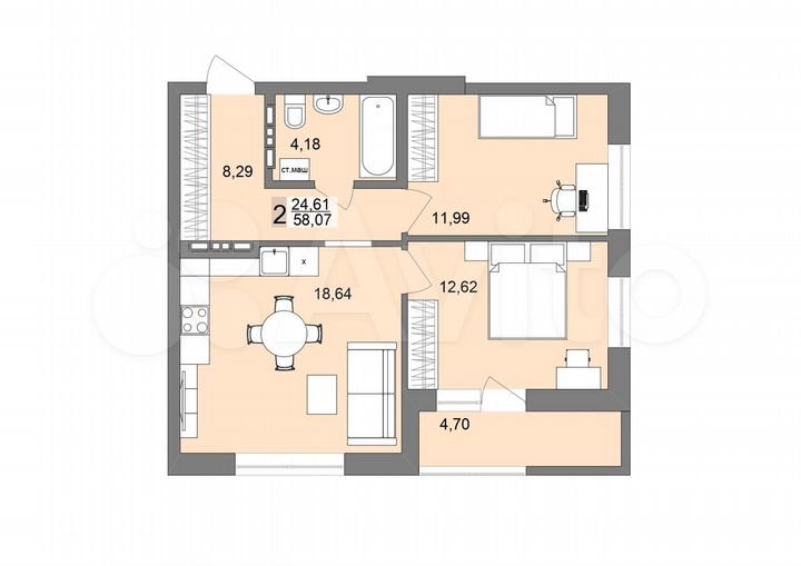 2-к. квартира, 58,1 м², 9/19 эт.