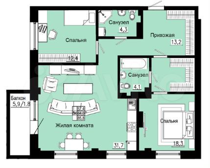 3-к. квартира, 85,7 м², 13/19 эт.