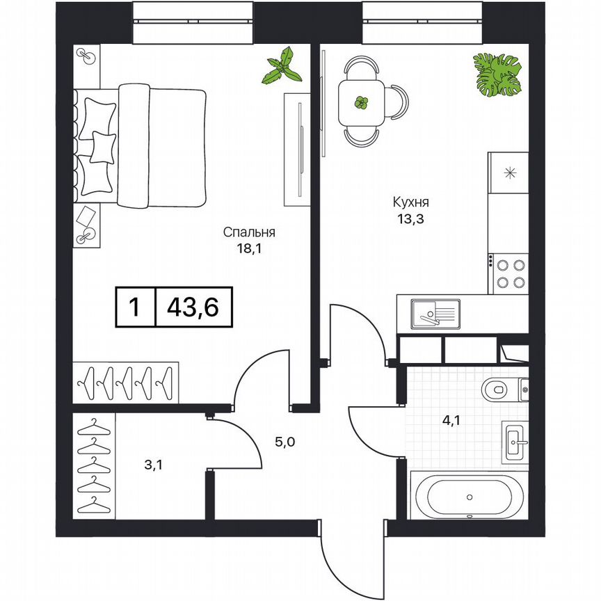 1-к. квартира, 43,6 м², 8/17 эт.