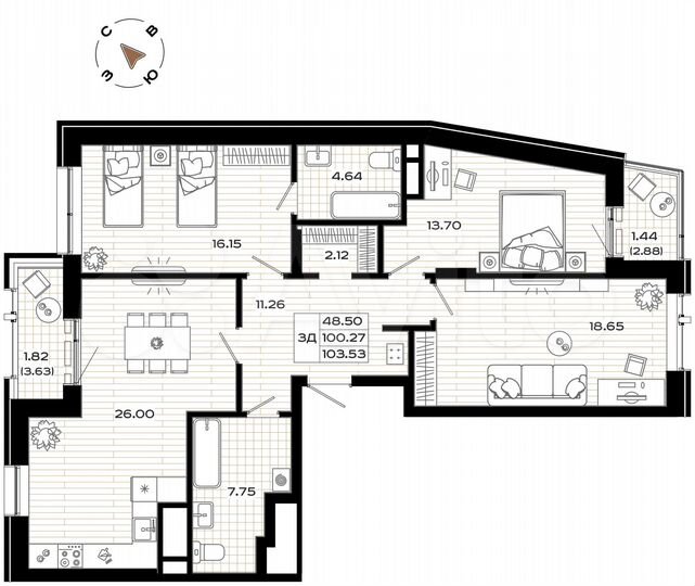 3-к. квартира, 103,5 м², 6/9 эт.
