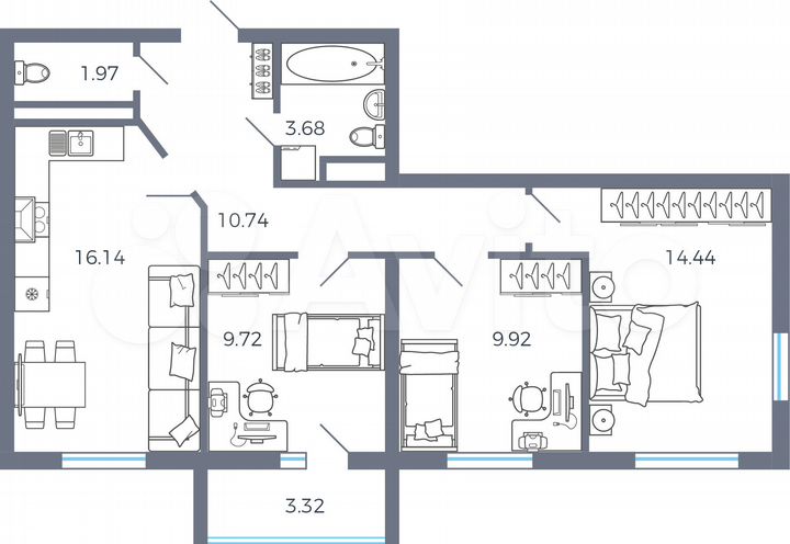 3-к. квартира, 68,3 м², 7/16 эт.