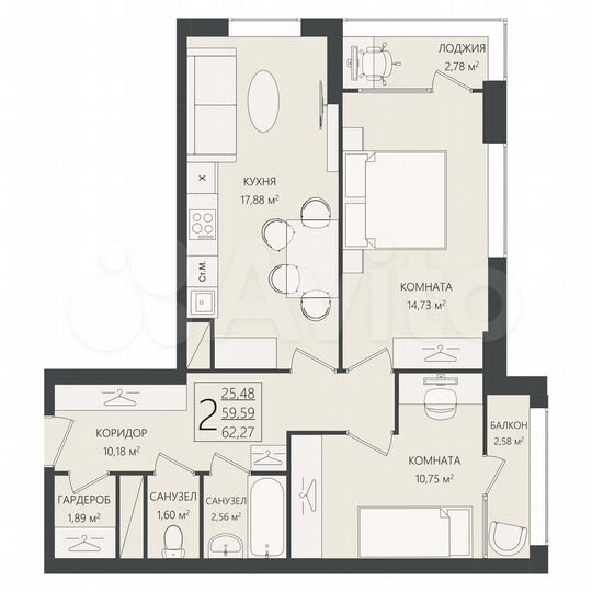 2-к. квартира, 62,3 м², 3/17 эт.