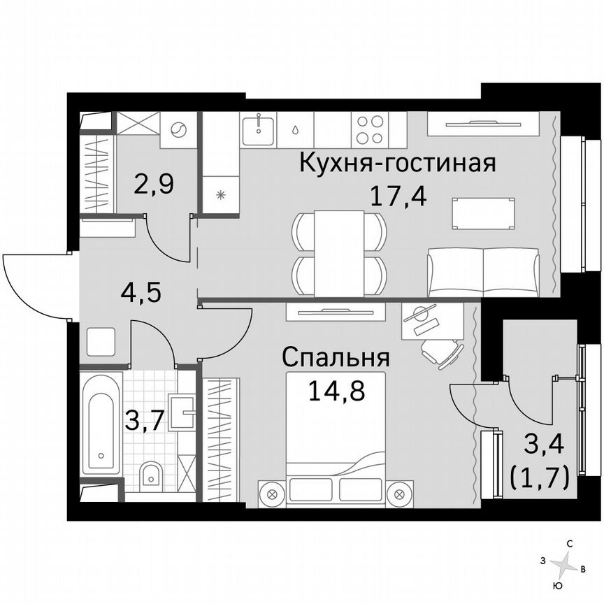 1-к. квартира, 45,2 м², 3/3 эт.