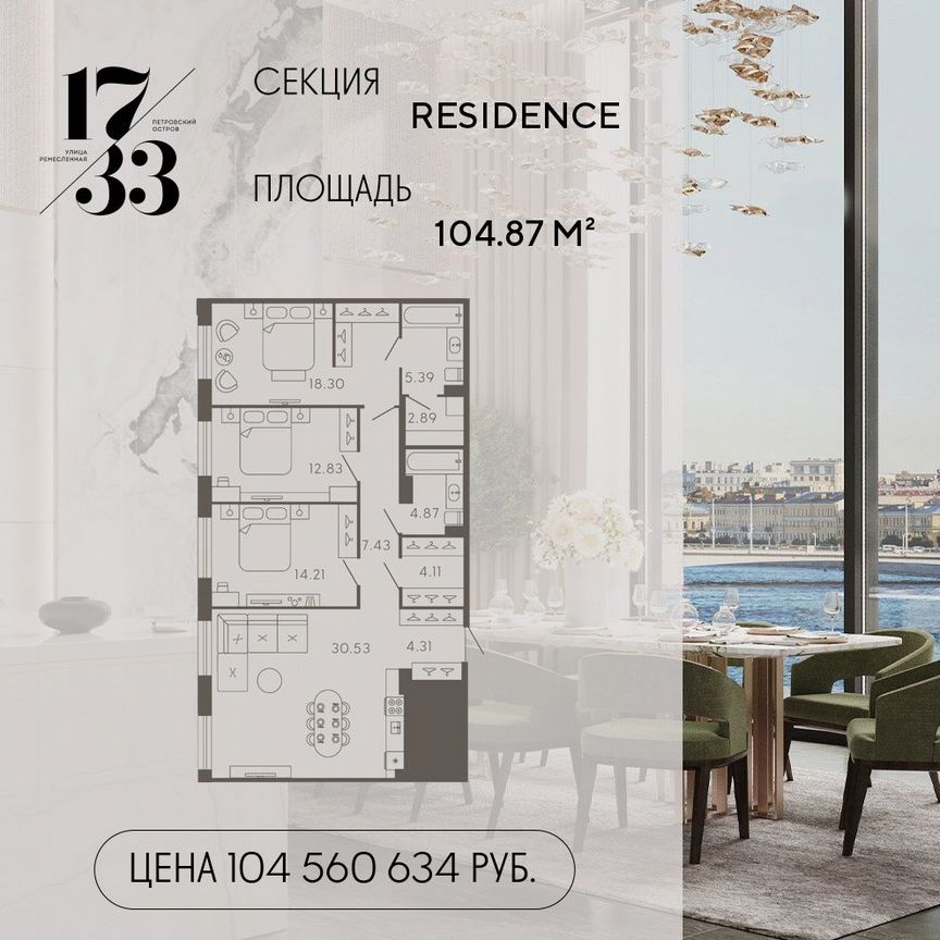 3-к. апартаменты, 104,9 м², 5/8 эт.