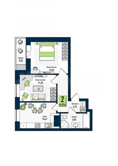 2-к. квартира, 49 м², 8/17 эт.