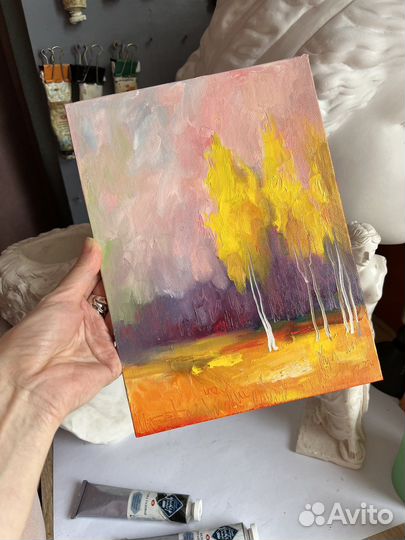 Картина маслом пейзаж, березы осенью, 18/24 см