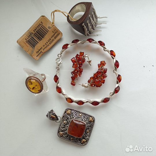 Серебро янтарь, кольцо, браслет, серьги, Suarty
