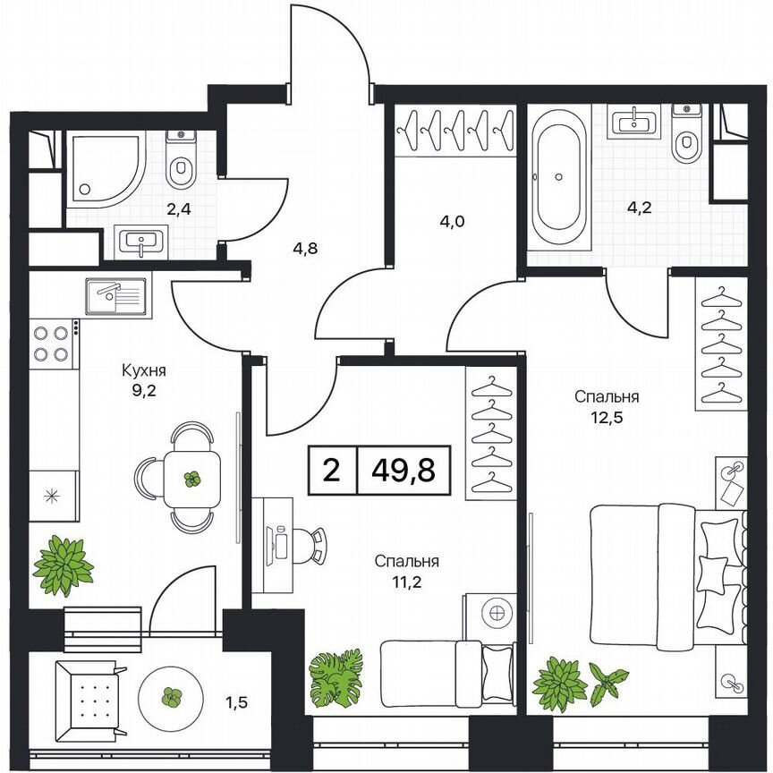 2-к. квартира, 49,8 м², 15/17 эт.