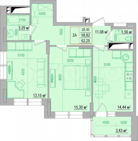 2-к. квартира, 62,3 м², 10/18 эт.