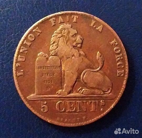 Монета Бельгия 5 сантимов 1857
