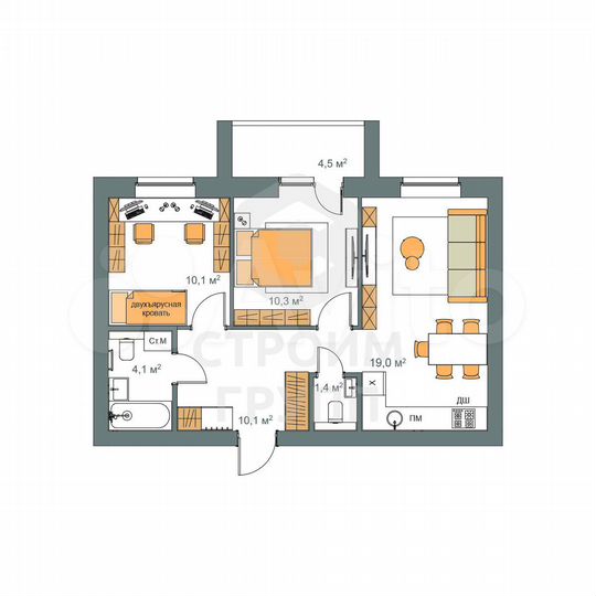 2-к. квартира, 57,3 м², 4/9 эт.
