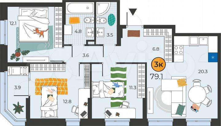 3-к. квартира, 79,2 м², 6/14 эт.