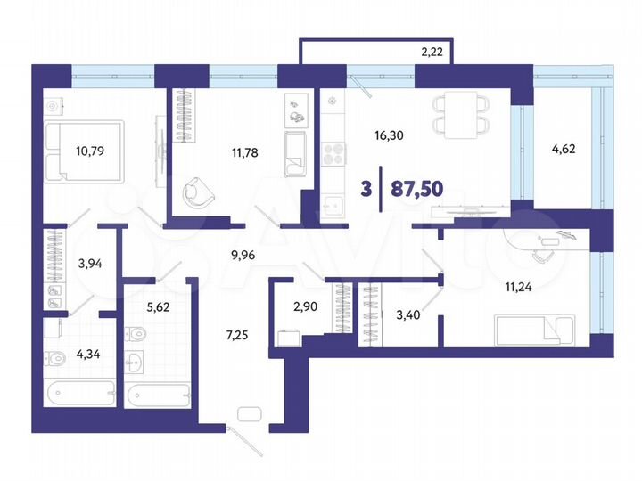 3-к. квартира, 87,5 м², 5/24 эт.