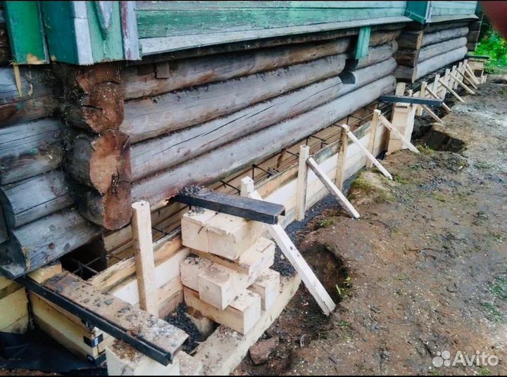 Ремонт фундамента и подъем дома и венцы