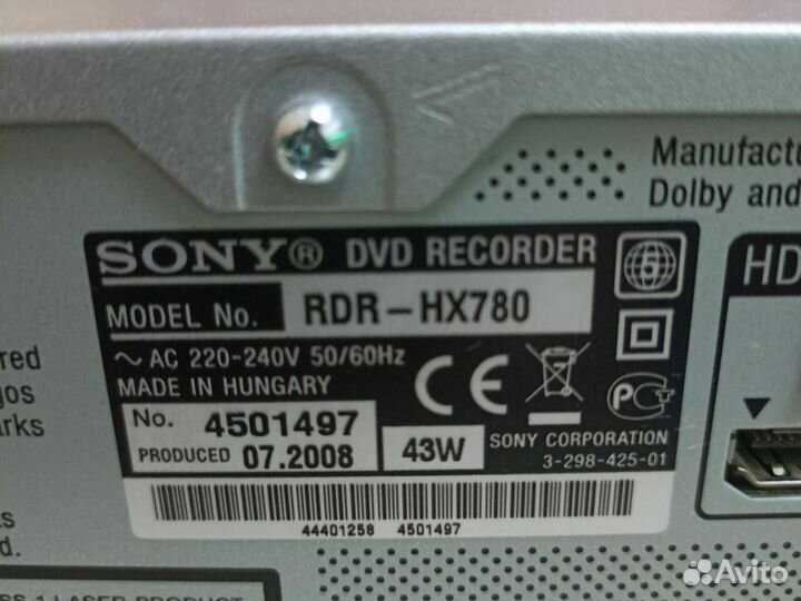 Видеоплеер sony RDR-HX780