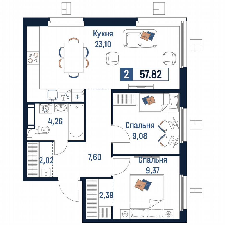 2-к. квартира, 57,8 м², 3/18 эт.