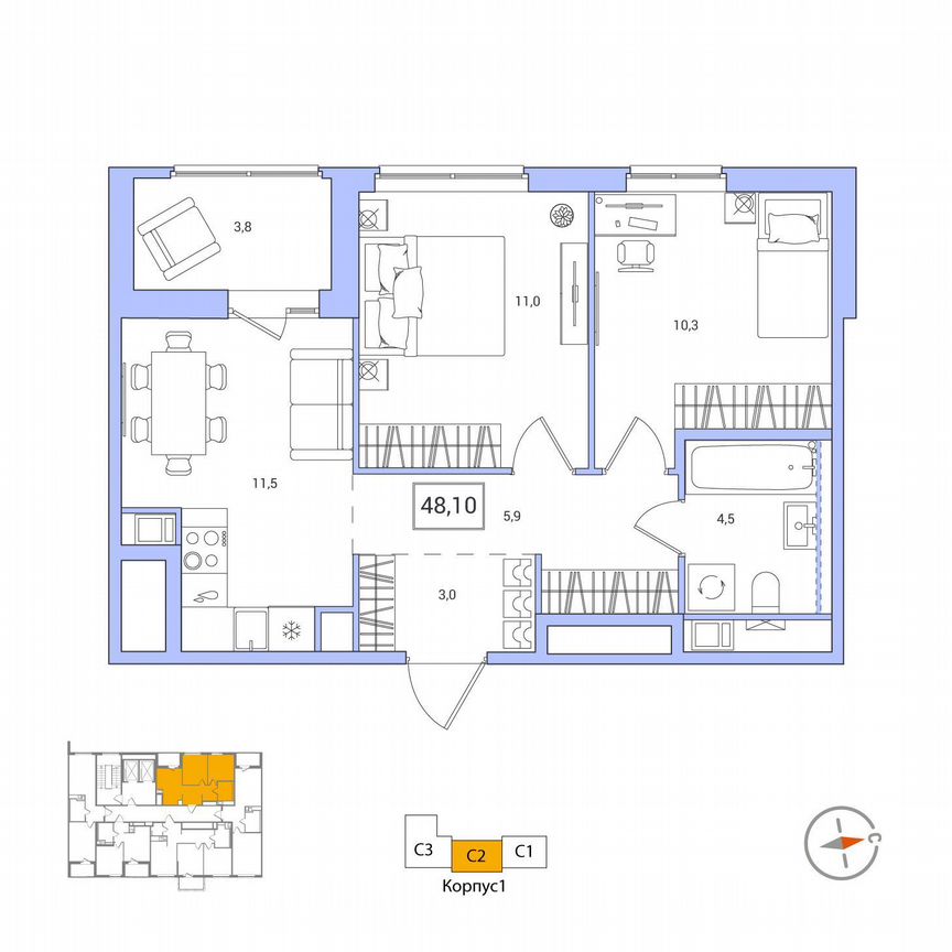 2-к. квартира, 48,1 м², 9/12 эт.