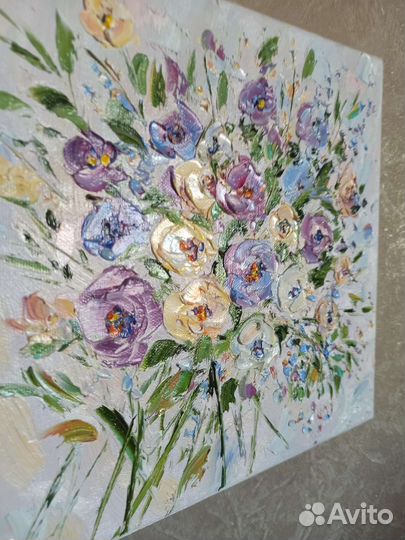Картина маслом цветы белые фиолетовые на холсте