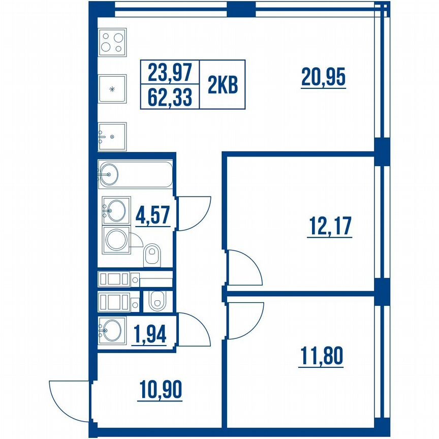 2-к. квартира, 62,3 м², 13/19 эт.