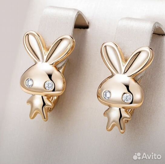 Серьги кролик позолоченные по бриллианты