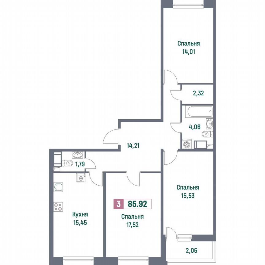 3-к. квартира, 85,9 м², 3/16 эт.