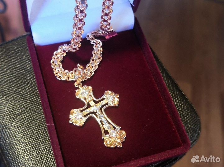 Цепочка бисмарк+шикарный крест покрытие золото