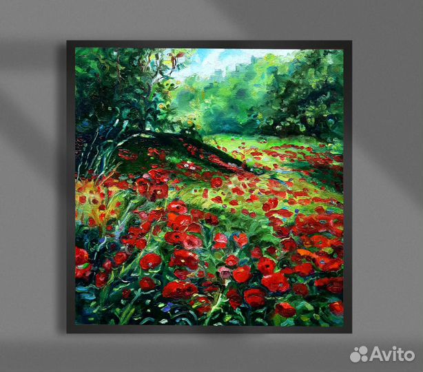 Картина маслом Маковая Поляна холст 30 см на 30см