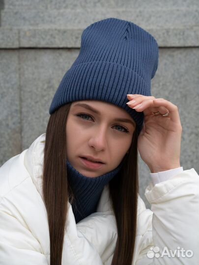 Шапка и шарф баф снуд в подарок. Синий комплект