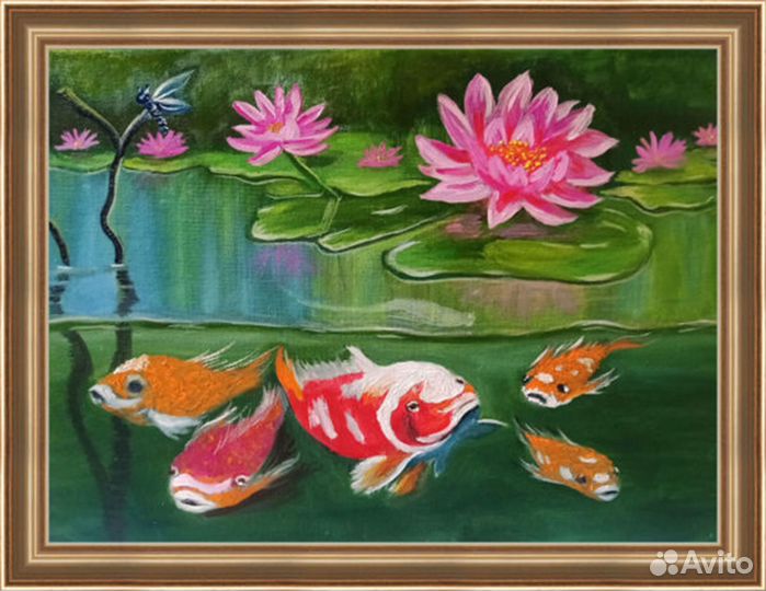 Водные лилии кои рыбки картина маслом 40 на 30