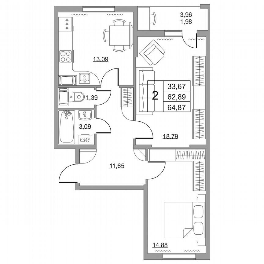 2-к. квартира, 64,9 м², 15/19 эт.