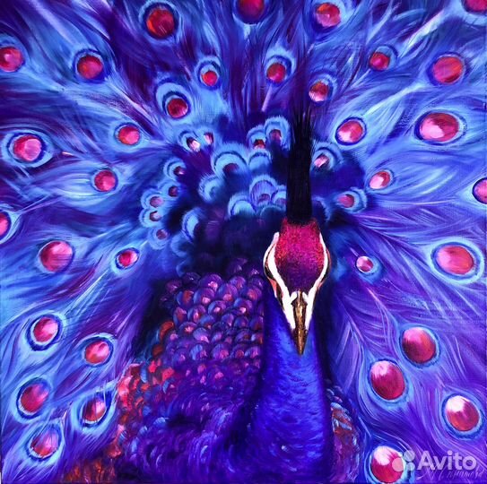 Синяя Картина с птицей Павлин в интерьер спальни