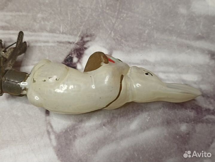 Елочная игрушка СССР Заяц с барабаном на прищепке