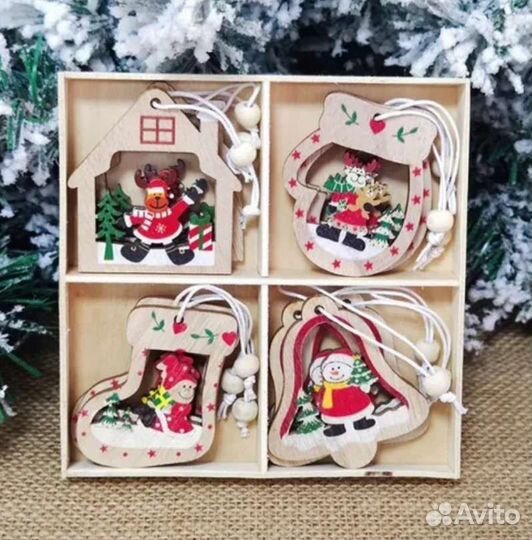 Набор новогодних ёлочных украшений деревянные