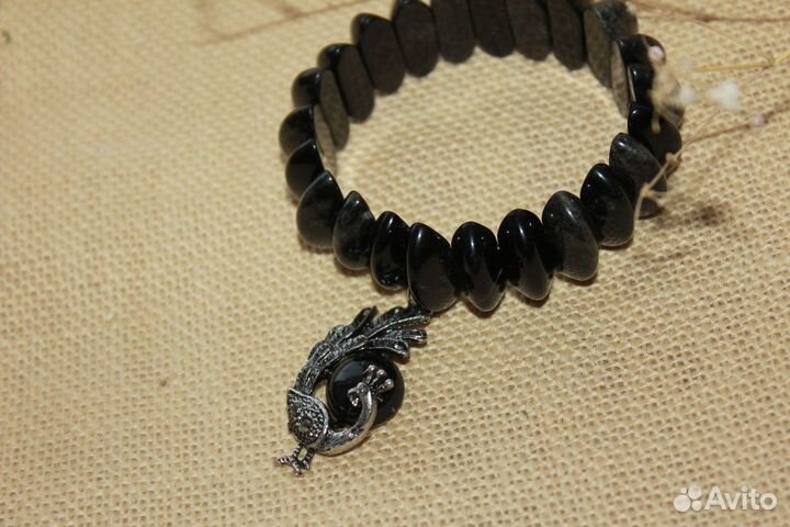 Браслет из натурального черного агата с подвеской
